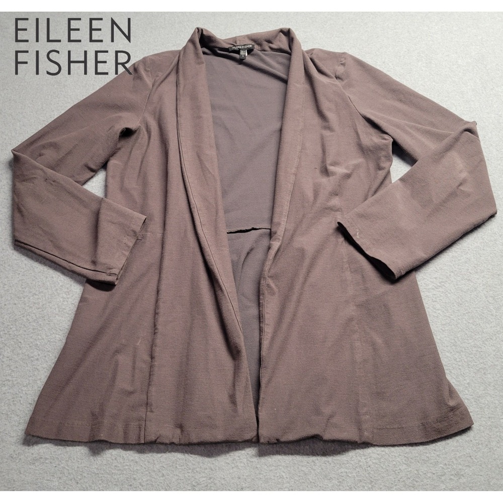 Eileen Fisher Womens Small Brown Open Front Peplum Cardigan Shawl Collar Stretch